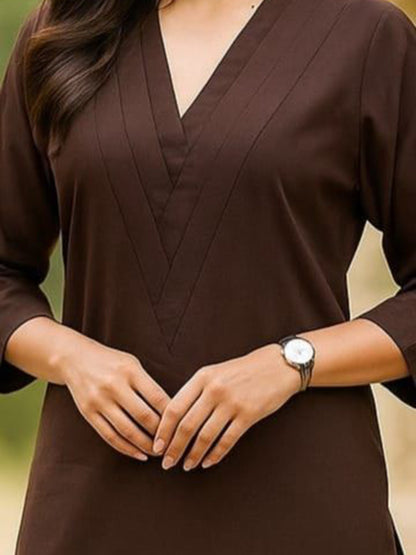 V-Neck Pure Cotton Straight Kurta with Trousers - Amy's Cart