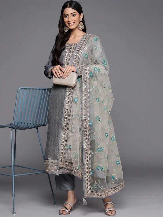 Women Grey Floral Kurta with Trousers & With Dupatta