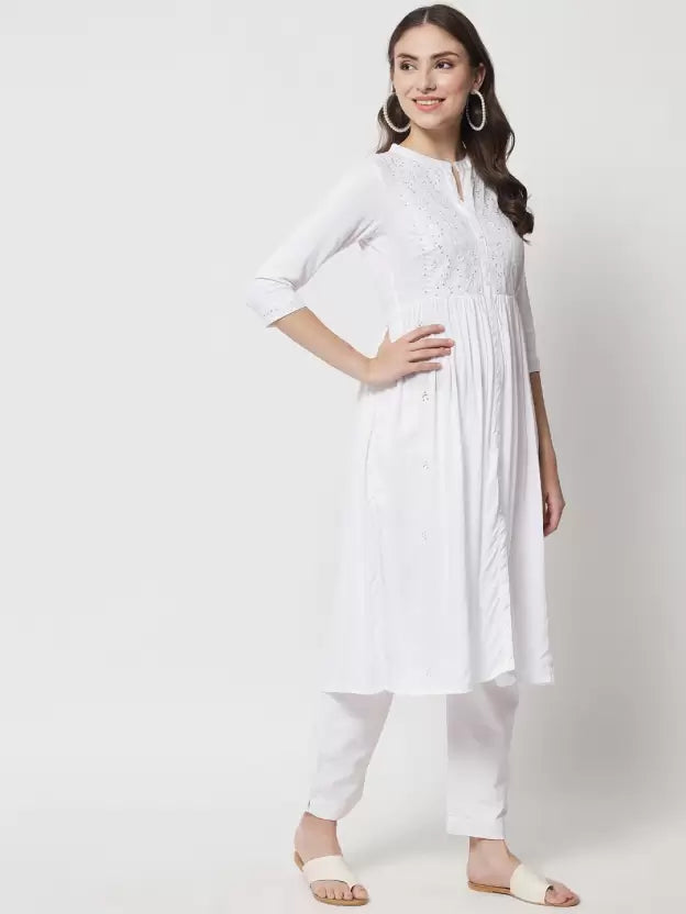 Women Chikan Embroidery Cotton Rayon Flared Kurta  (White)