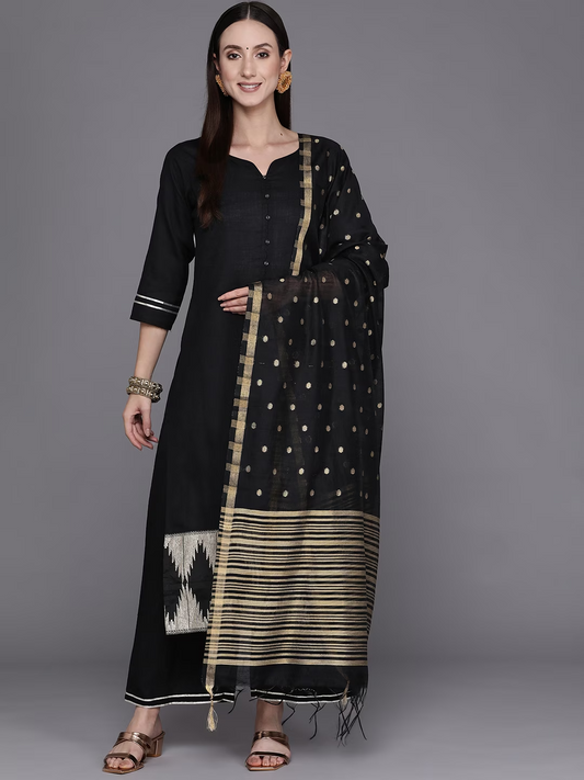 Women Black & Golden Solid Kurta with Palazzos & Dupatta