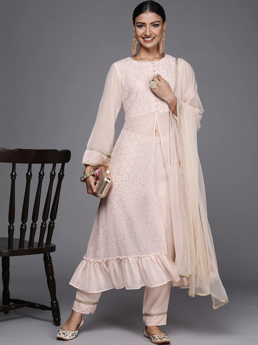 Women Peach-Coloured Embellished Kurta with Trousers & Dupatta