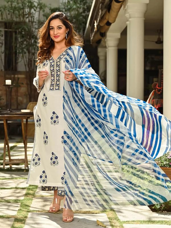 Women Kurta Set Printed V Neck Straight Kurta & Bottom with Dupatta Set