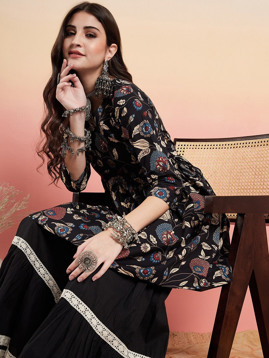 Floral Printed Pure Cotton Anarkali Kurti With Sharara