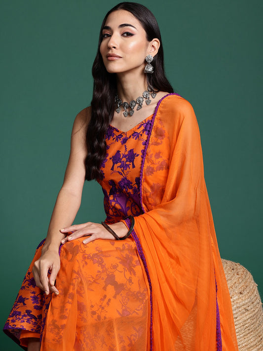 Floral Print Shoulder Straps Pure Cotton Kurta with Trousers & Dupatta