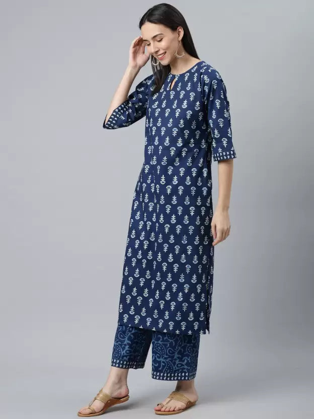 Women Blue Cotton Blend Kurta Palazzo Set