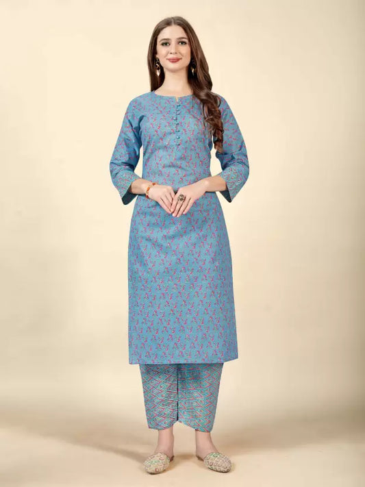 Women Blue Cotton Blend Kurta and Pant Set