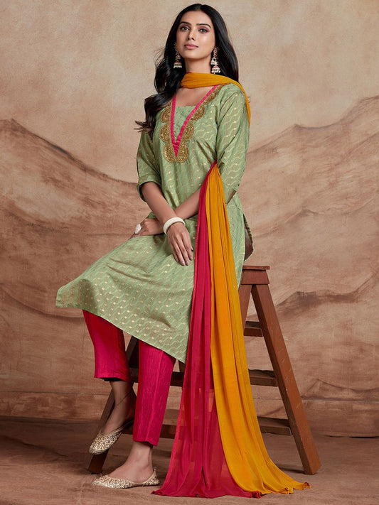 Ethnic Motifs Embroidered Sequinned Chanderi Silk Kurta With Trousers & Dupatta