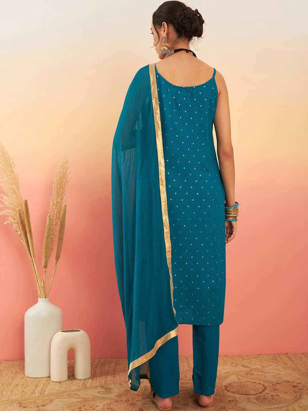 Shoulder Straps Straight Kurta With Trouser & Dupatta