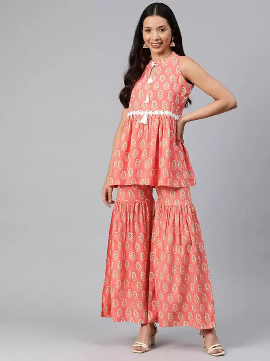 Women Peach Viscose Rayon Kurta and Sharara Set