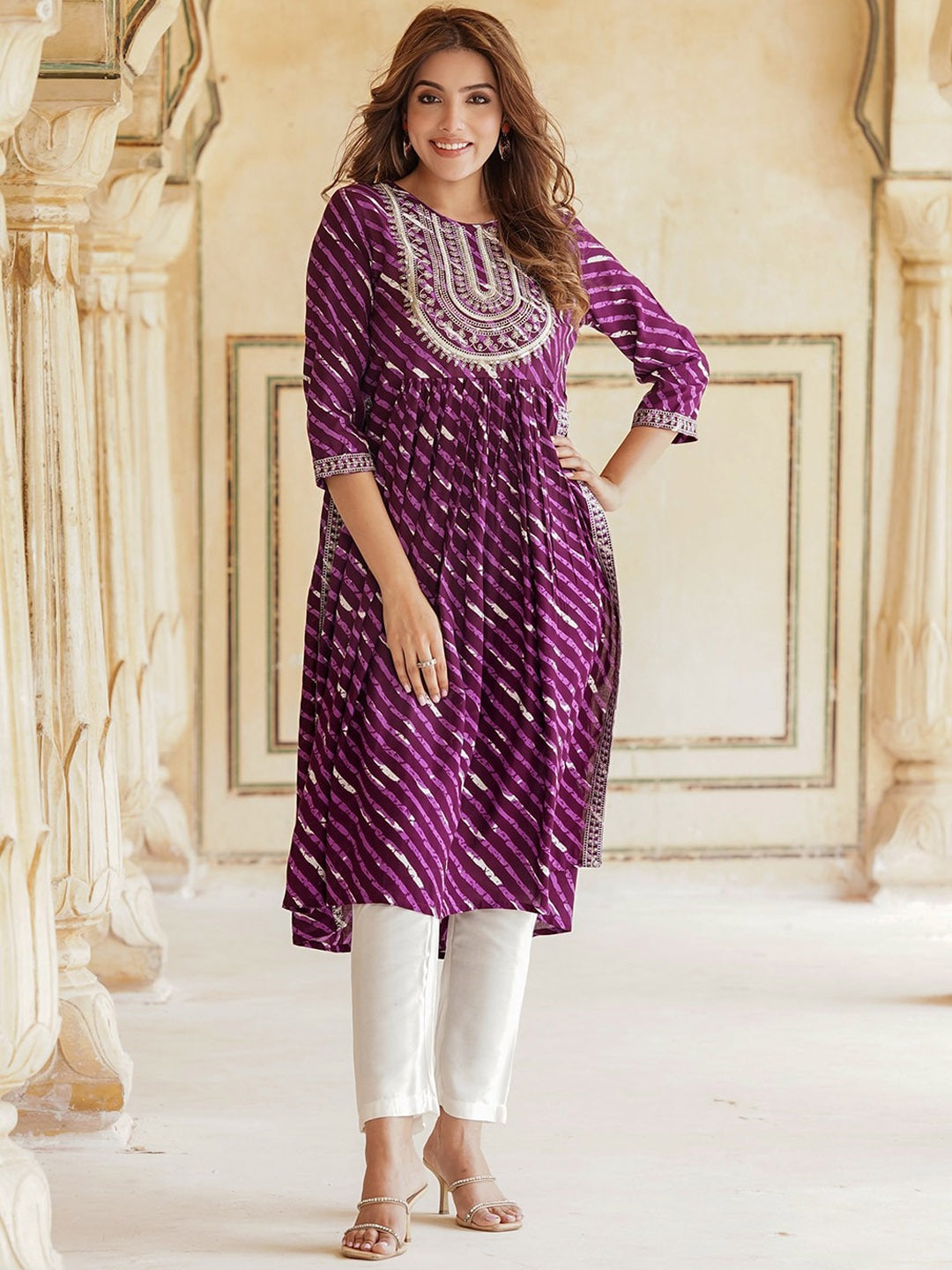 Leheriya Printed Pleated Thread Work Kurta With Trousers