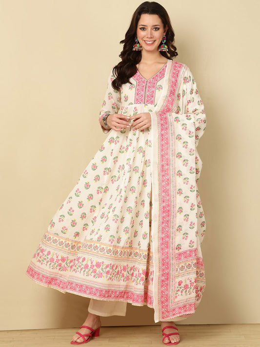 Floral Printed Layered Pure Cotton Kurta with Trousers & Dupatta