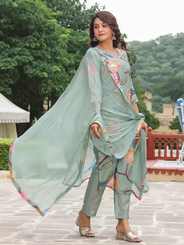 Women Floral Cotton Blend Kurta Pant Dupatta Set