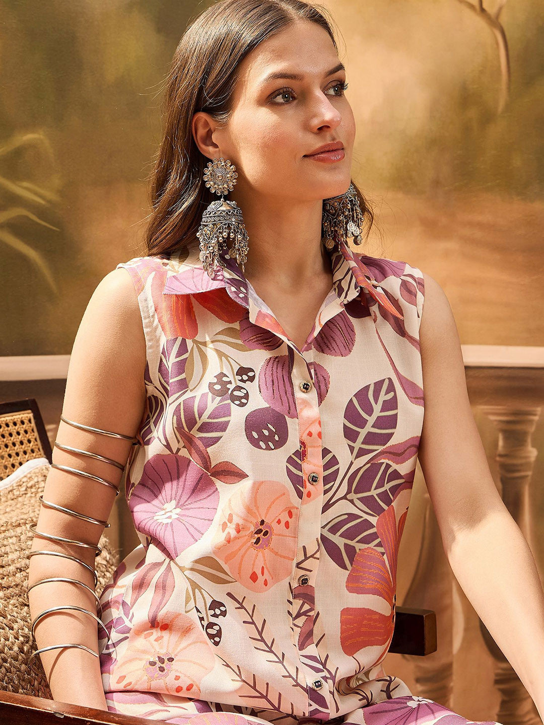 Floral Printed Shirt Collar A-Line Kurta & Palazzos
