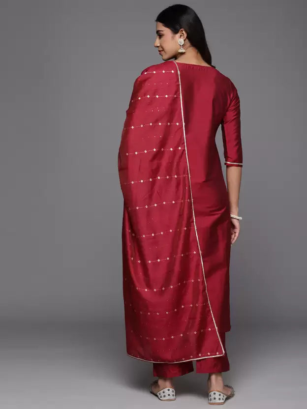 Women Red Silk Blend Kurta Trouser Dupatta Set