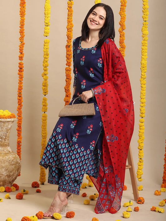 Women Blue Cotton Rayon Kurta Palazzo Dupatta Set