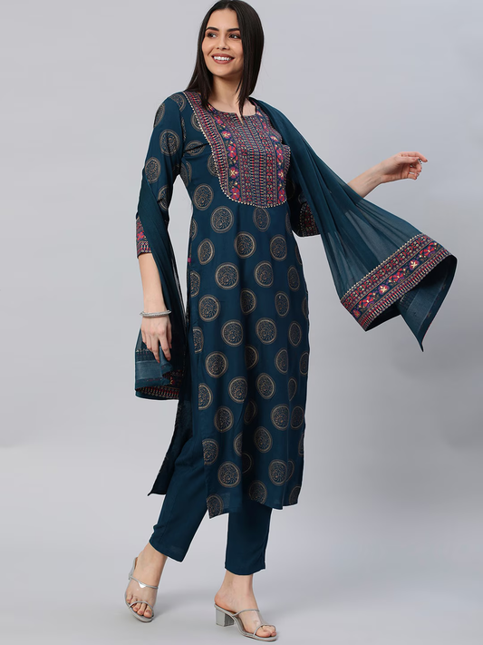 Ethnic Motifs Printed Straight Kurta with Trousers & Dupatta