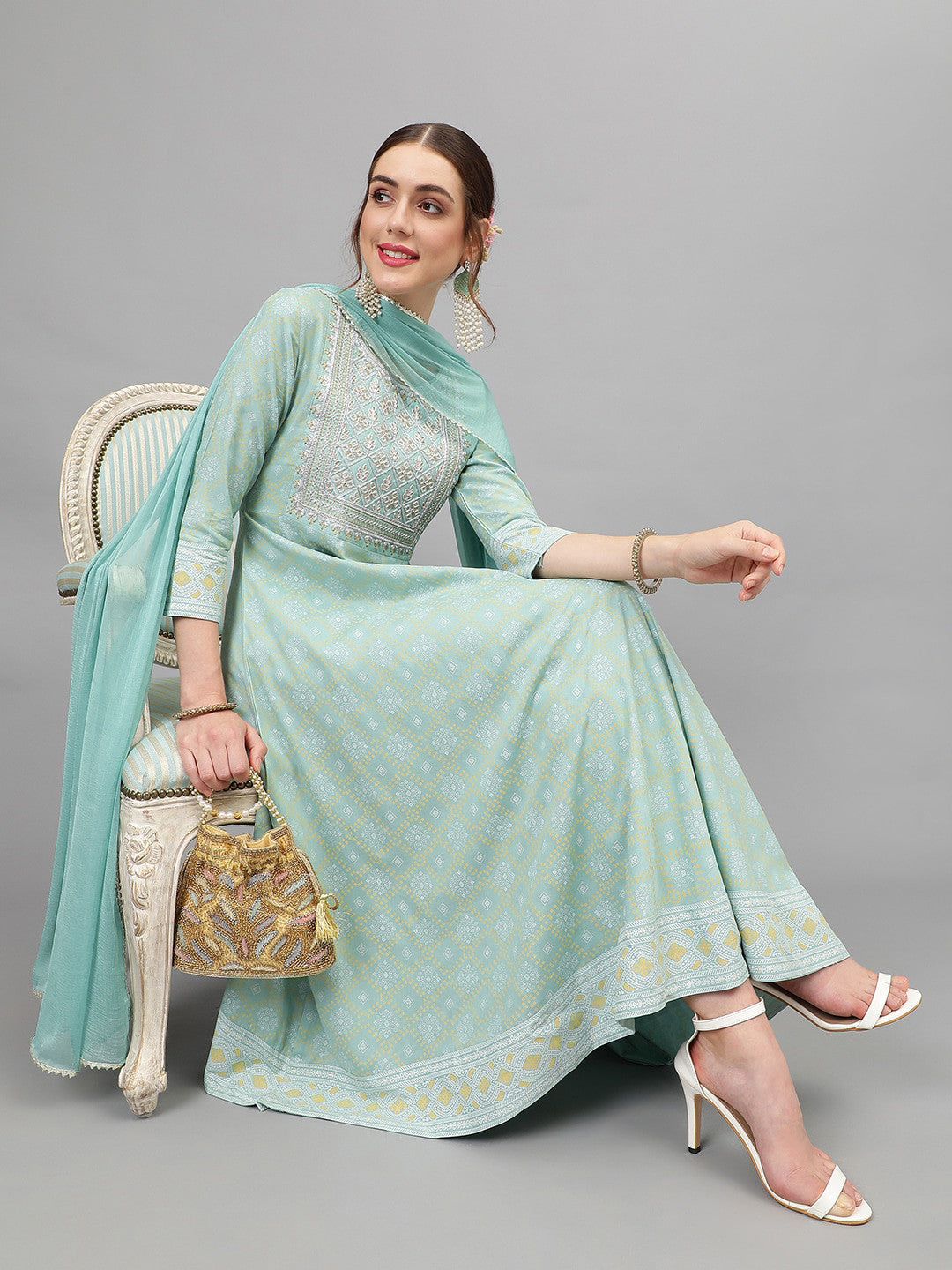 Ethnic Motifs Printed Thread Work Kurta & Trousers With Dupatta