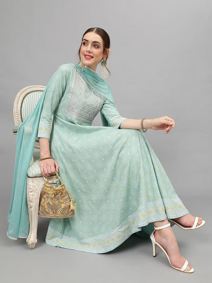 Ethnic Motifs Printed Thread Work Kurta & Trousers With Dupatta