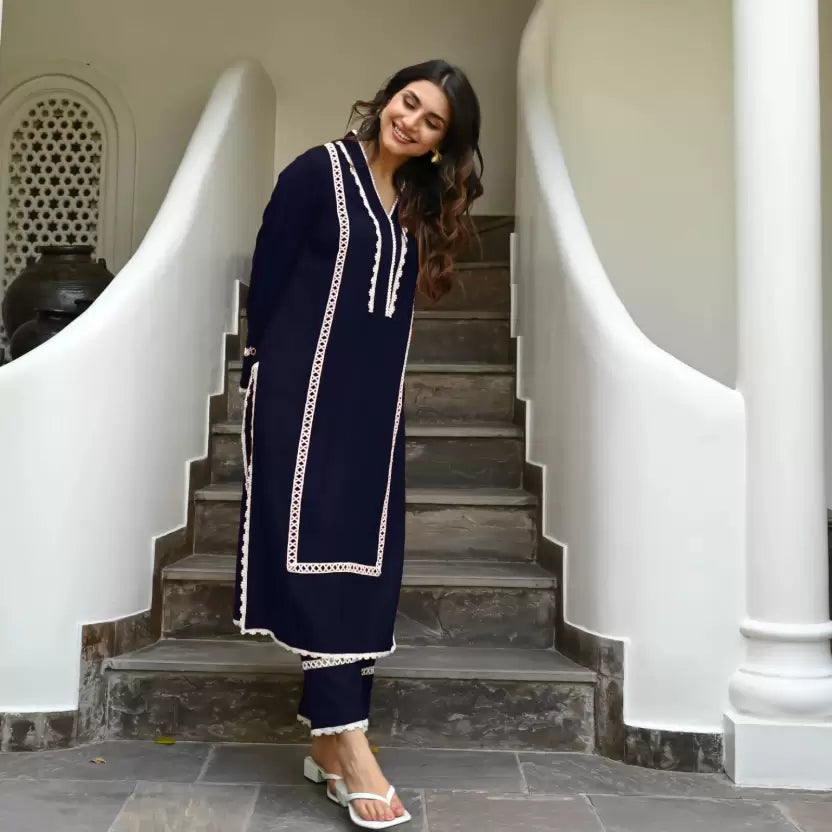 Women Blue Viscose Rayon Kurta Pant Set