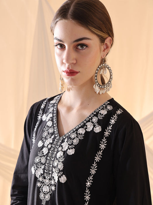 Floral Embroidered Thread Work Pure Cotton A-Line Kurta With Salwar & Dupatta
