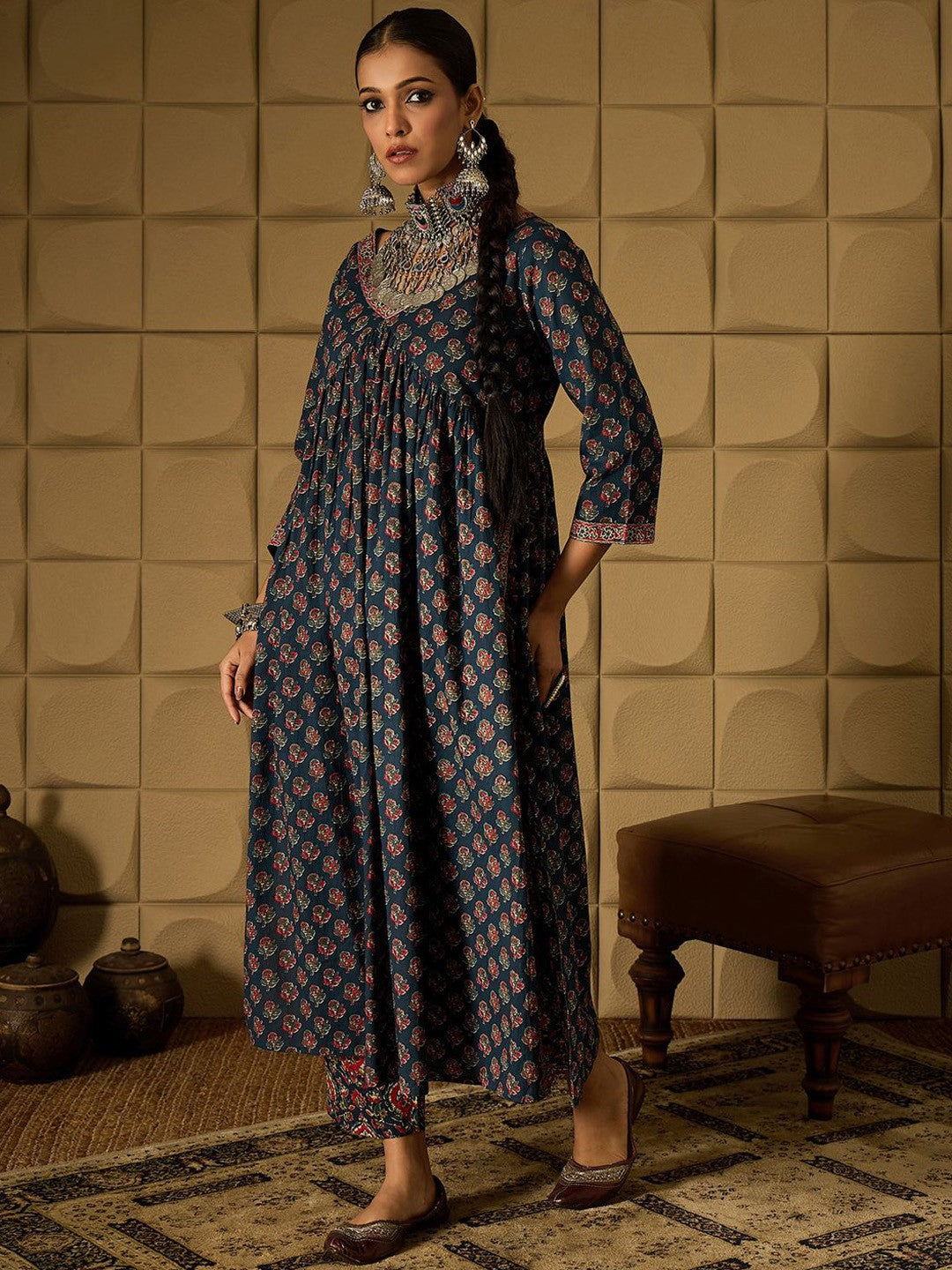 Floral Printed Empire Pure Cotton Kurta with Trousers