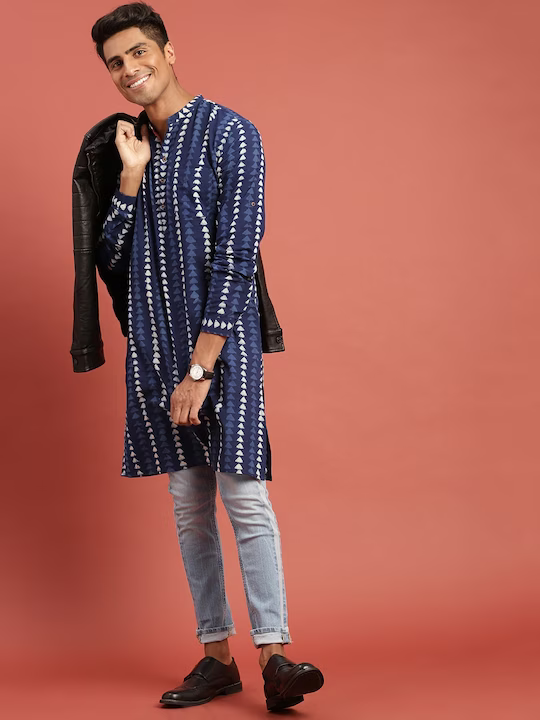 Men Blue Indigo Hand Block Print Straight Sustainable Kurta with Pockets