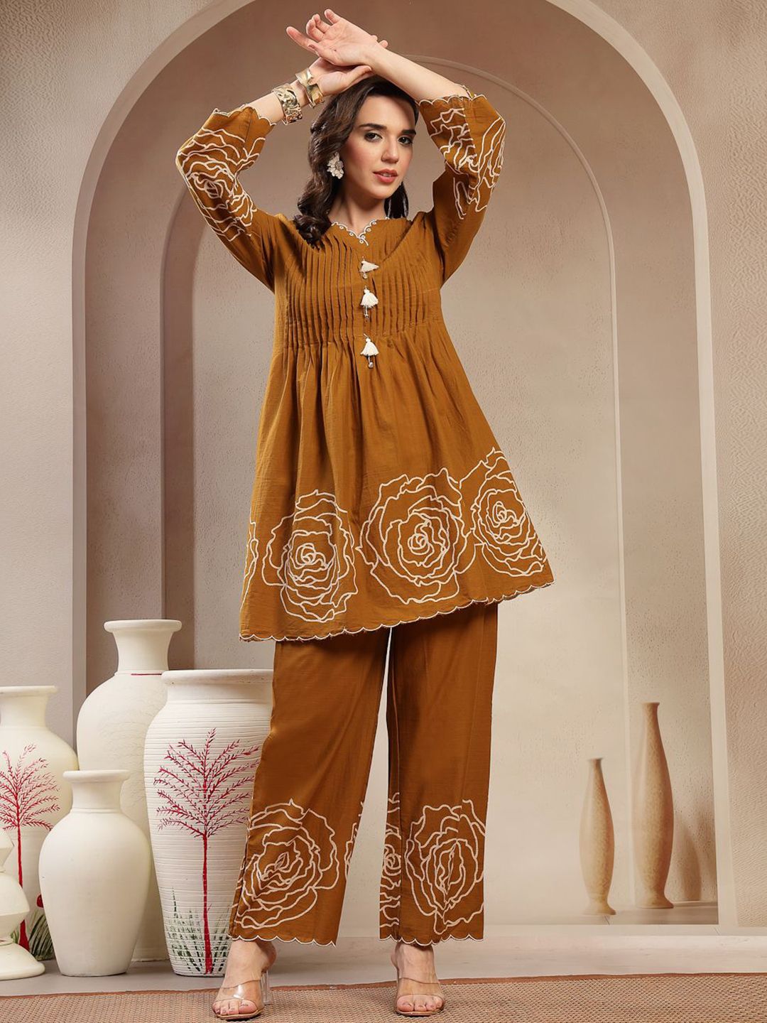 Embroidered V-Neck Pure Cotton Tunic & Palazzo