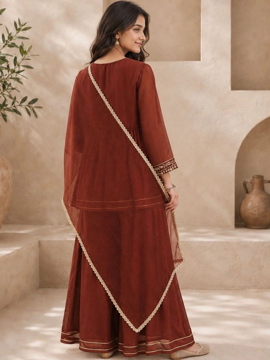 Girls Ethnic Motifs Embroidered Empire Thread Work Pure Silk Kurta with Sharara & With Dupatta