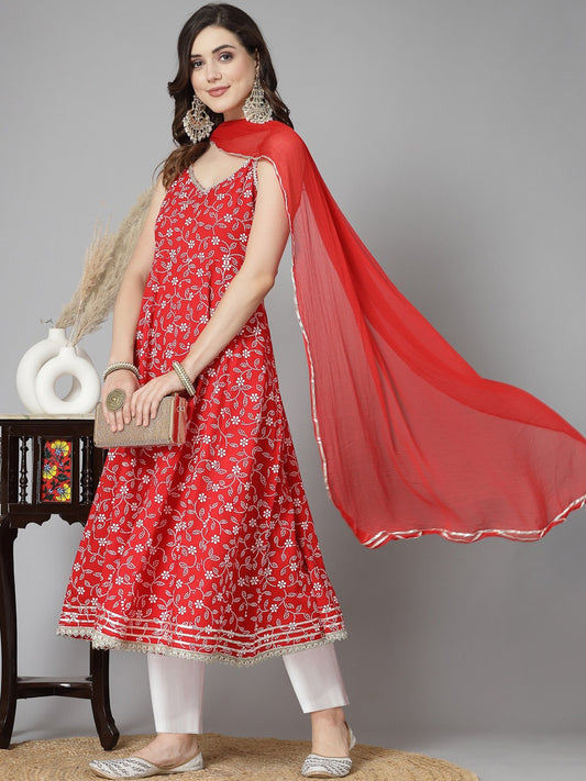 Red Floral Printed Anarkali Kurta & Trousers With Dupatta