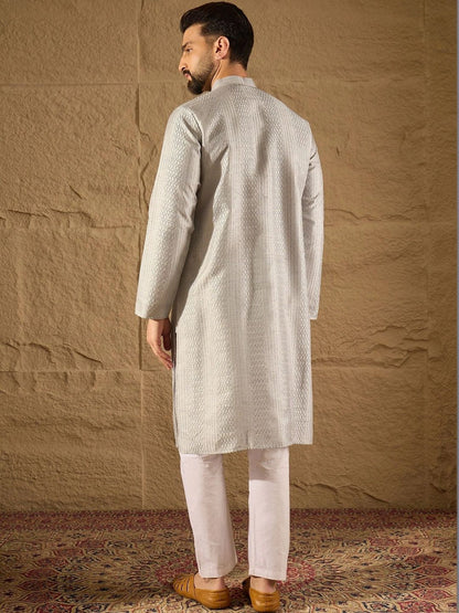 Men Woven Design Mandarin Collar Kurta (Top only)