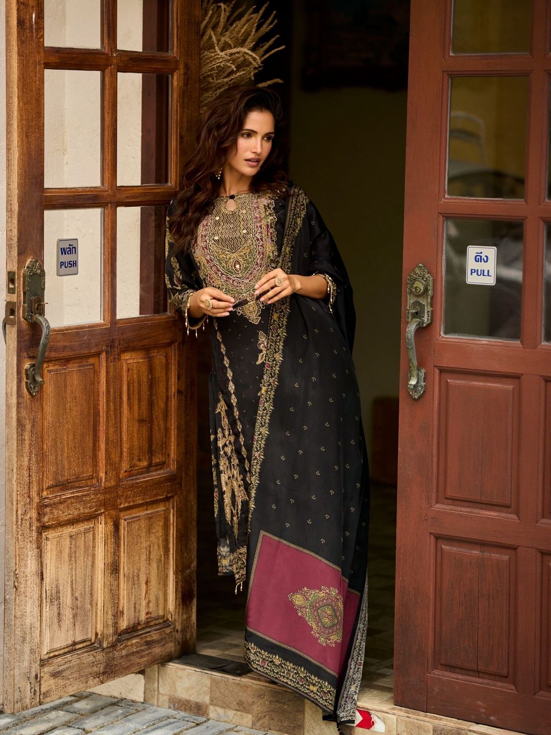 Ethnic Motifs Printed Pure Silk Straight Kurta With Trousers & Dupatta