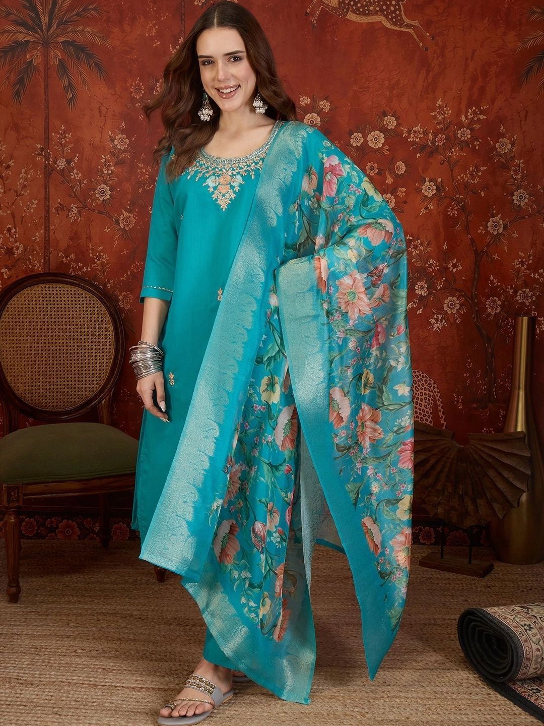 Women Ethnic Motifs Embroidered Regular Thread Work Kurta with Trousers & With Dupatta