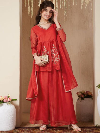 Girls Organza Embroidered Short Kurta and Palazzo Set With Dupatta