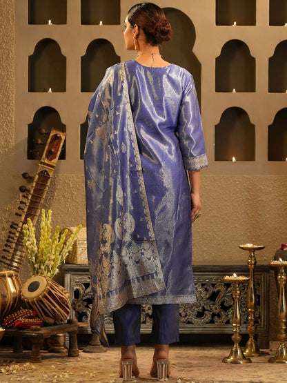 Floral Woven Design V-Neck Liva Zari Straight Kurta & Trousers With Dupatta