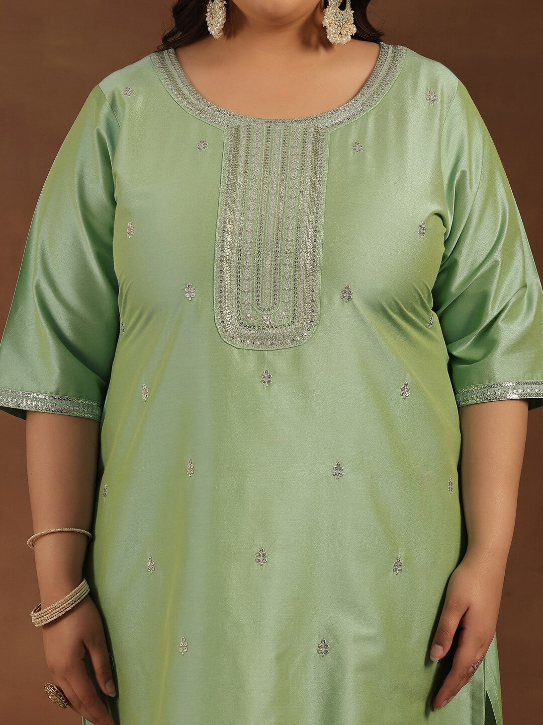 Plus Size Floral Embroidered Sequinned Kurta ,Palazzos & Dupatta