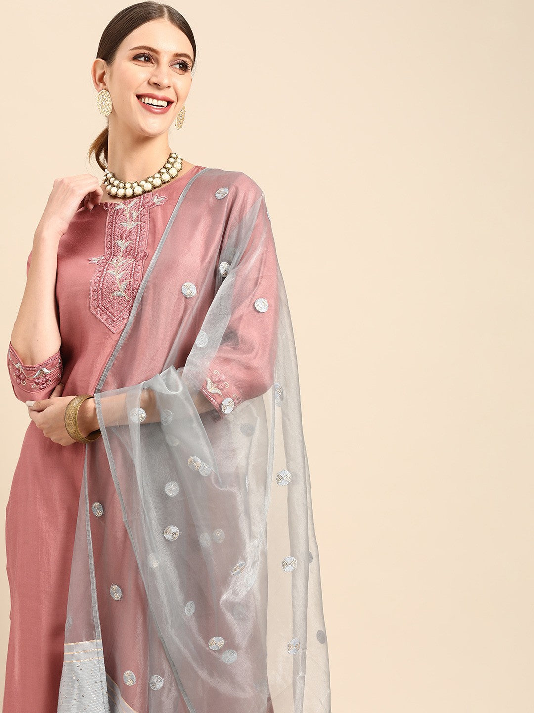 Women Pink & Blue Ethnic Motifs Embroidered Kurta with Trousers & With Dupatta