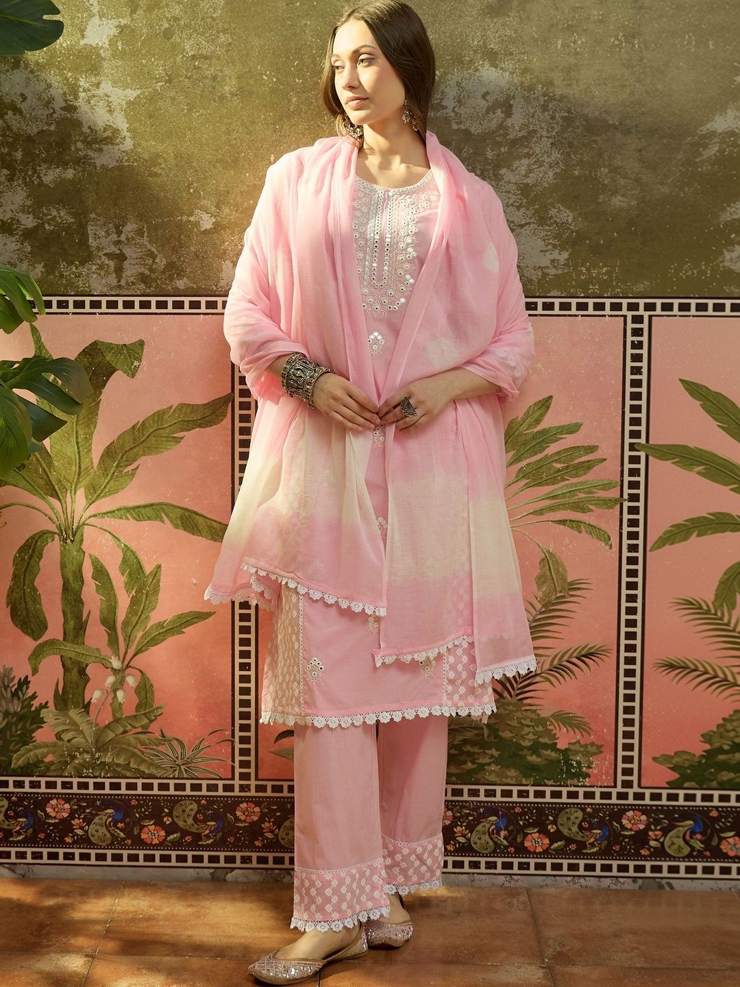Embroidered Pure Cotton Round Neck Kurta & Palazzos With Dupatta Kurta Set