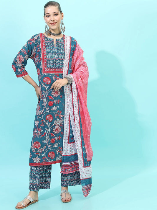 Women Pure Cotton Kurta With Palazzo & Dupatta