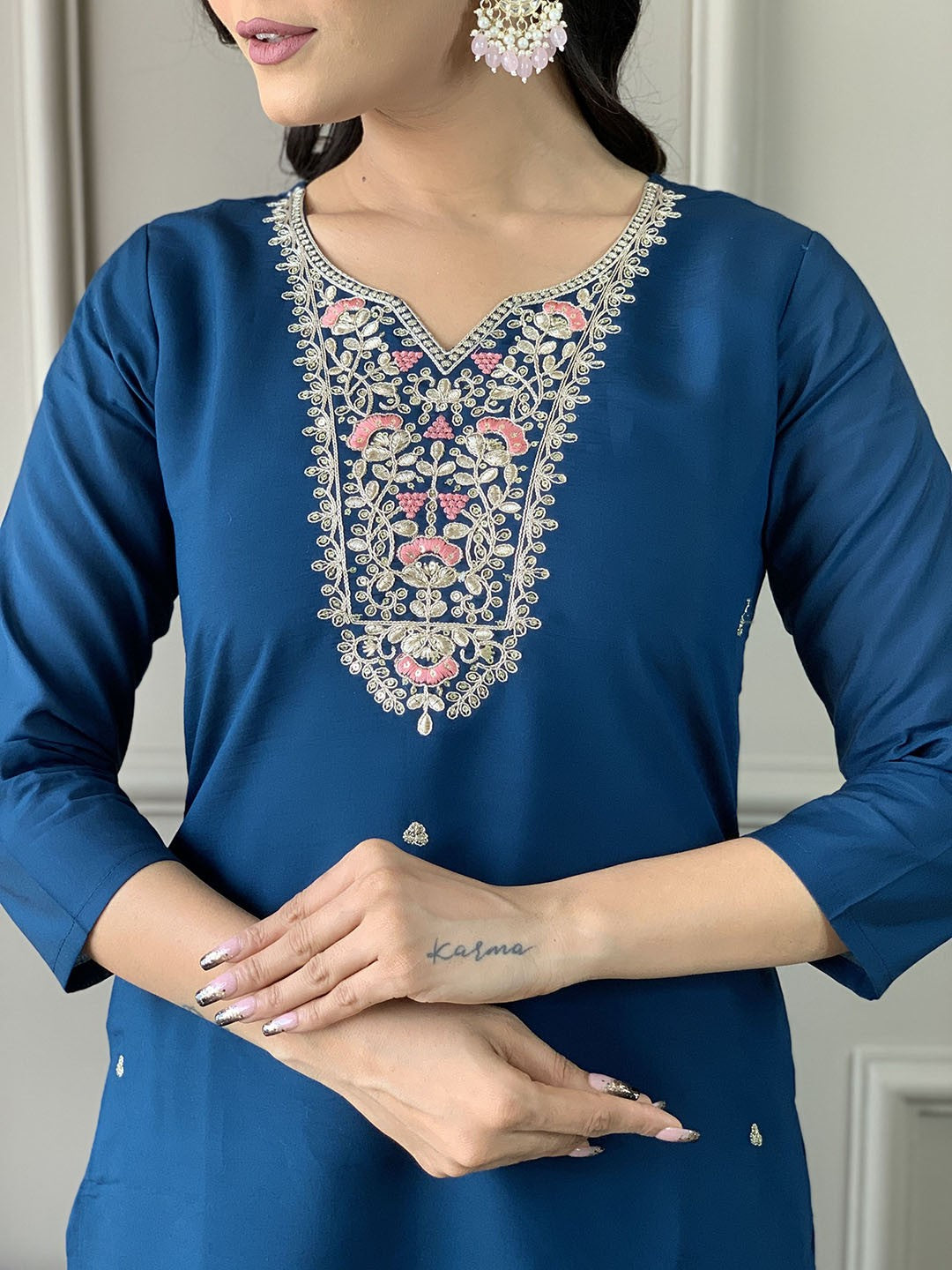 Embroidered Chanderi Cotton Kurta with Trousers & Dupatta