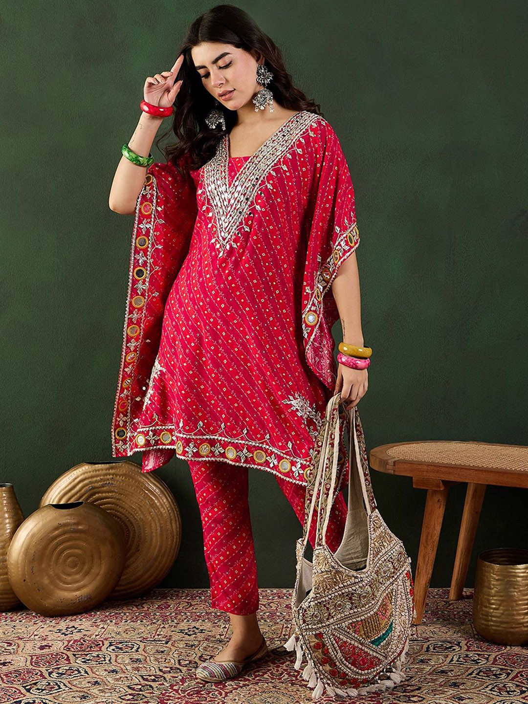Red Bandhani Printed Regular Mirror Work Kaftan Kurta With Trouser
