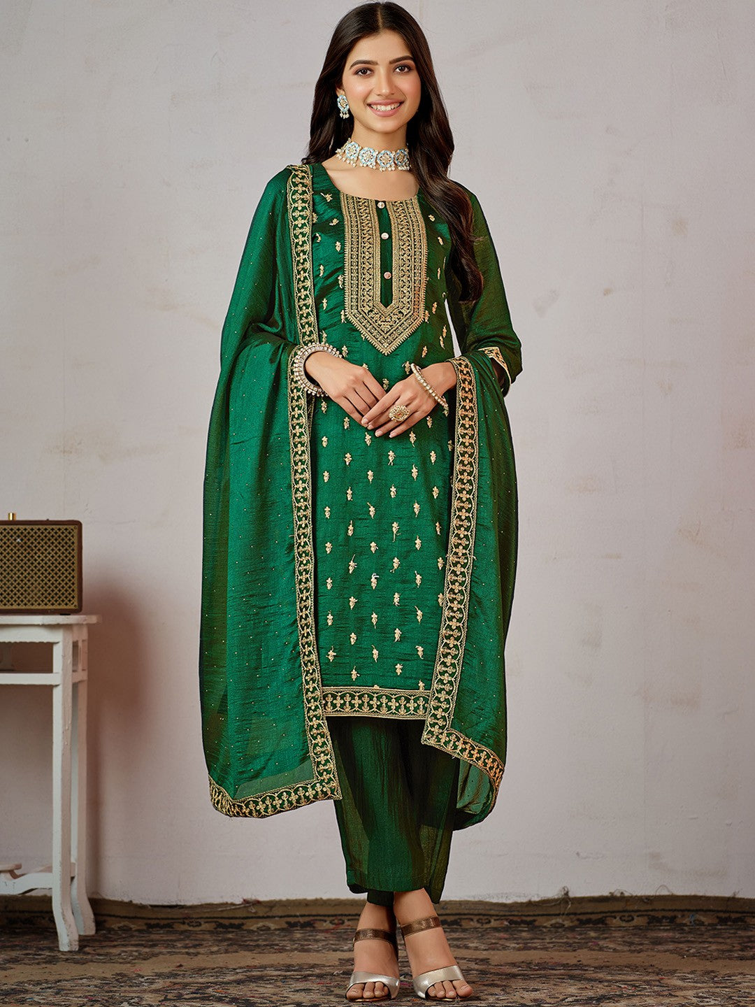 Green Ethnic Motifs Embroidered Kurta with Churidar & Dupatta