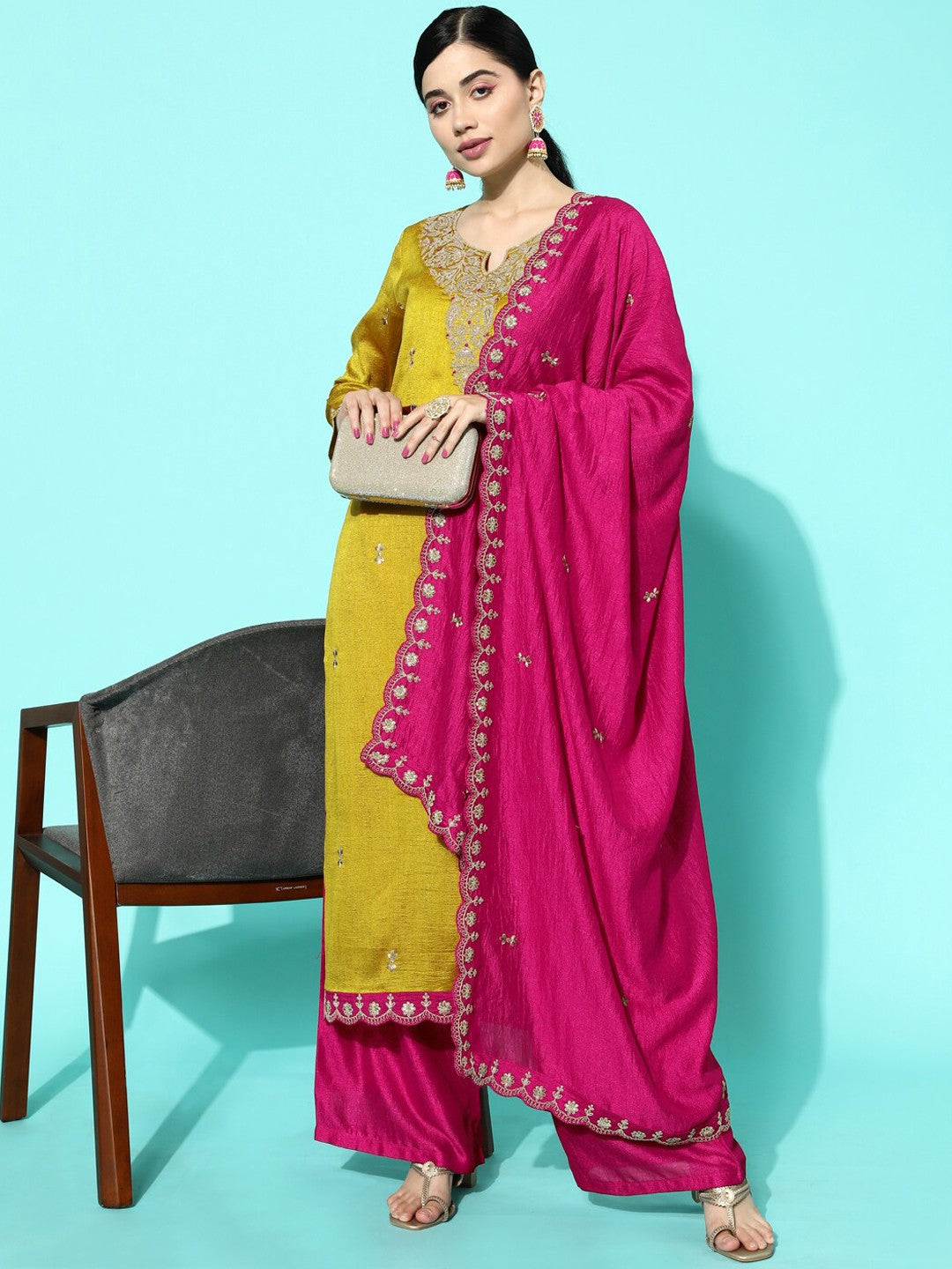 Yellow & Pink Floral Sequinned Embroidered Straight Kurta With Palazzo & Dupatta