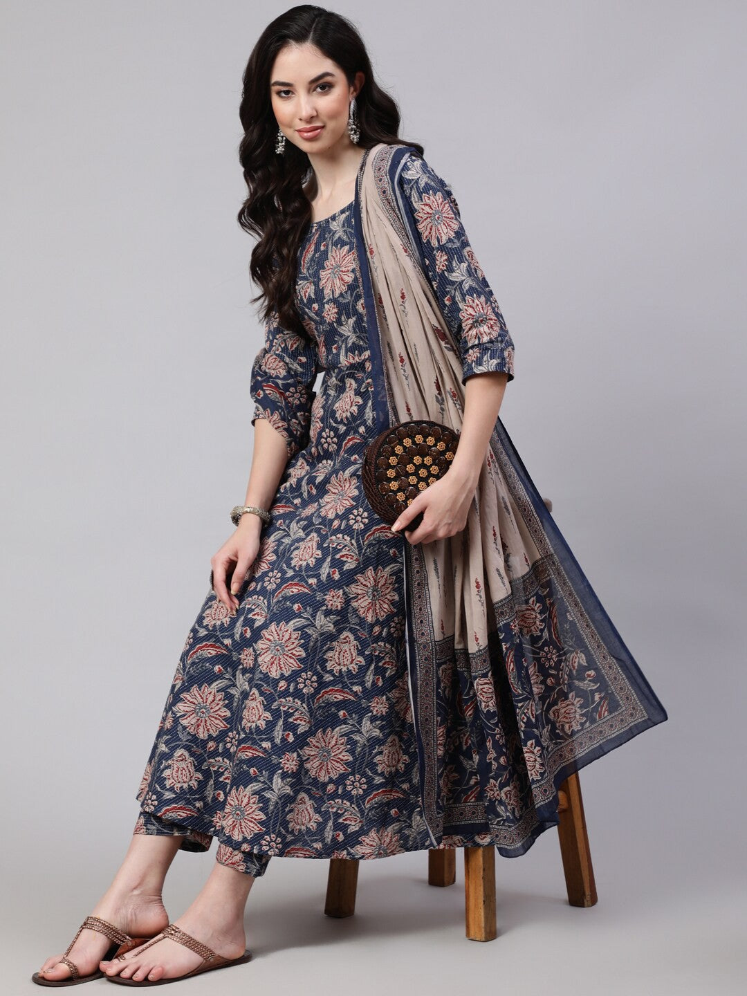 Floral Printed Pure Cotton Kurta with Trousers & Dupatta