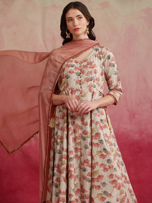 Floral Printed V-Neck Three-Quarter Sleeves Kurta with Trousers & With Dupatta