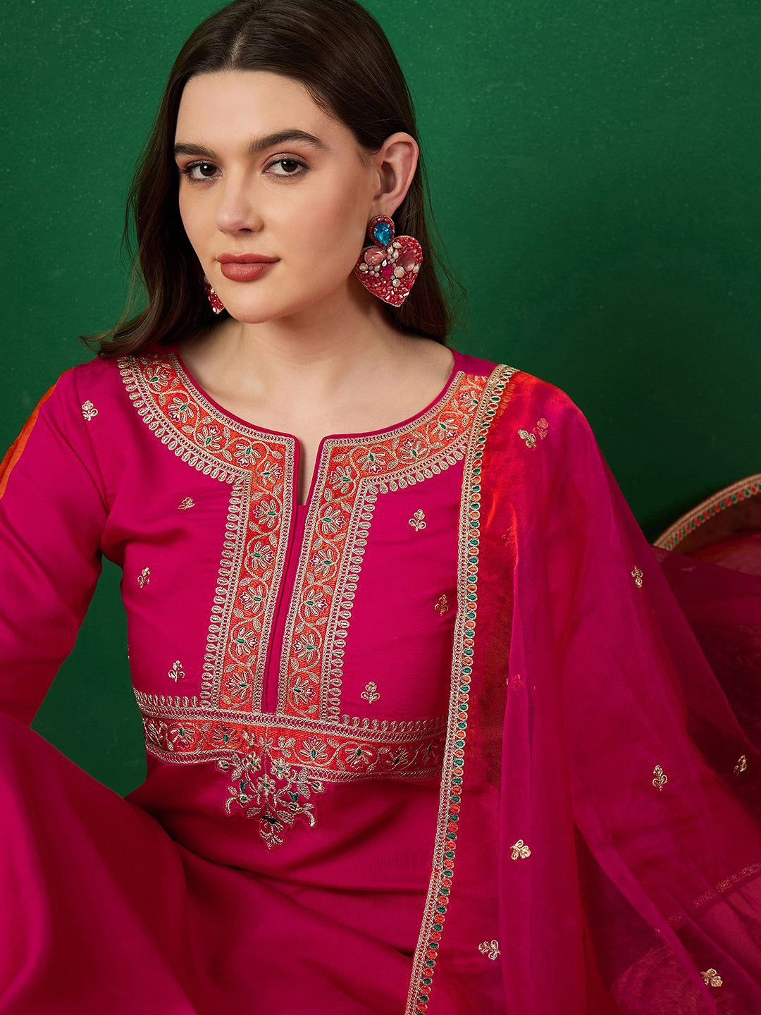 Notch Neck Embroidered Straight Kurta With Trouser & Dupatta Set