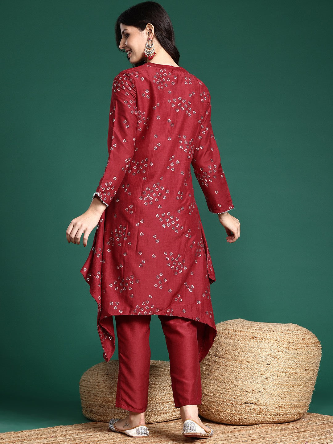 Foil Printed Ethnic Motifs Printed Gotta Patti Asymmetric Kurta with Trousers