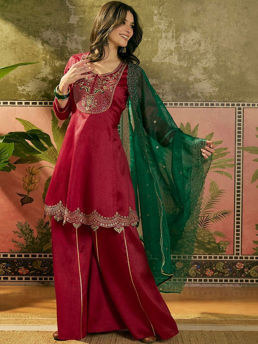 Embroidered A-Line Kurta With Palazzo & Dupatta