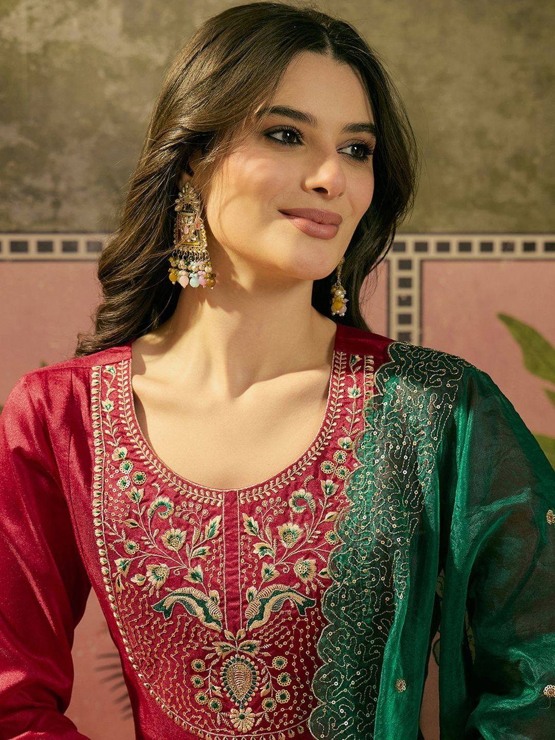 Embroidered A-Line Kurta With Palazzo & Dupatta