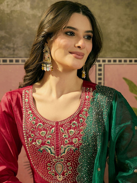 Embroidered A-Line Kurta With Palazzo & Dupatta