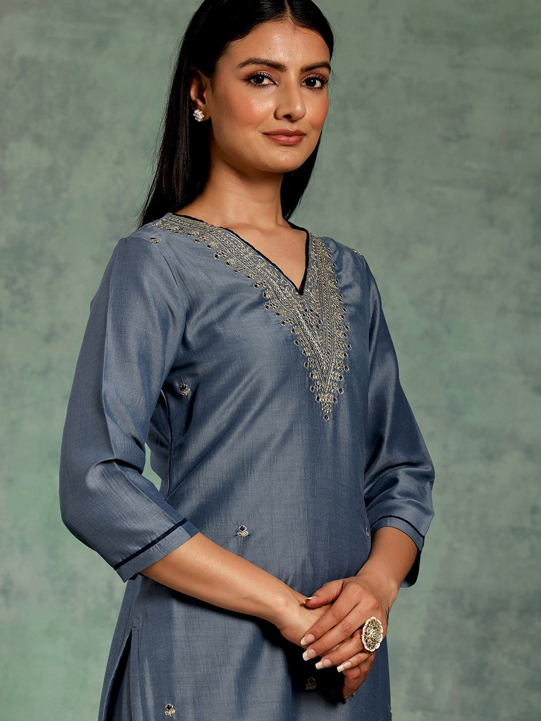 Blue Floral Yoke Design Zari Straight Kurta With Trousers & Dupatta